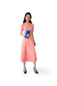 Short Sleeve Draped Crewneck Midi Dress With Self Belt | Sunset