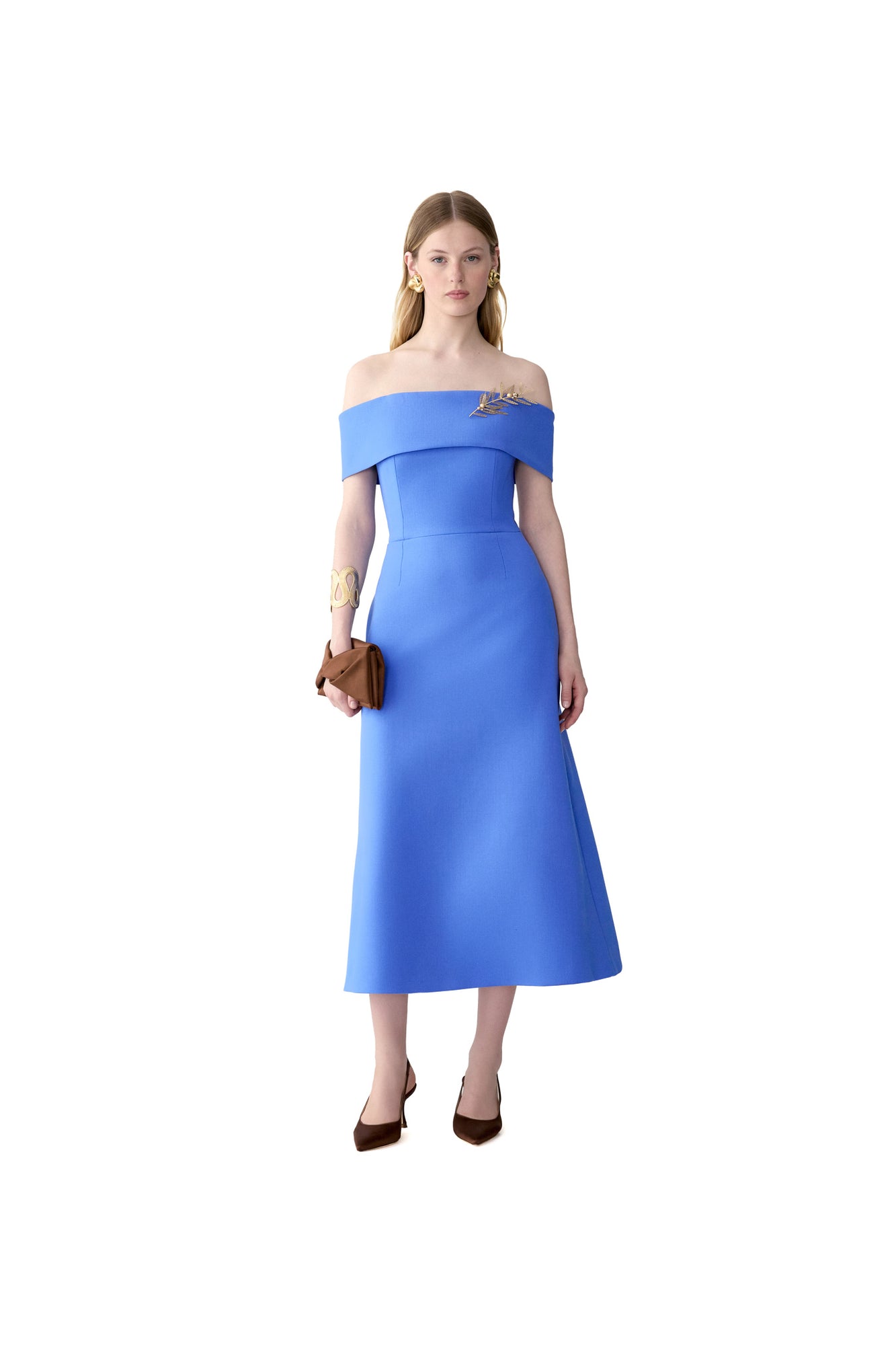 Off Shoulder A-Line Midi Dress With Belt | Bluebell