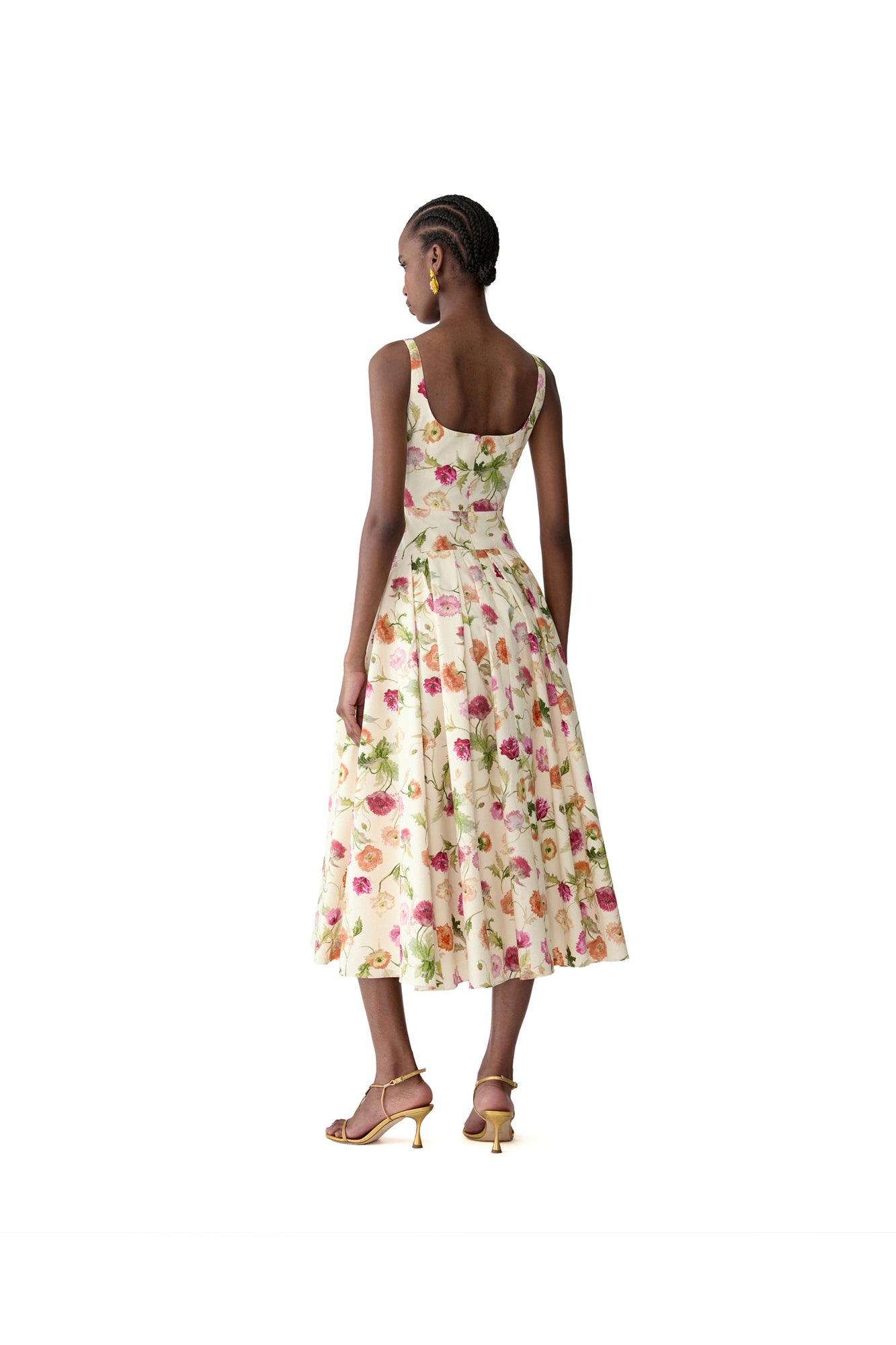 Sleeveless Scoop Neck Drop Waist Midi Dress | Almond Multi