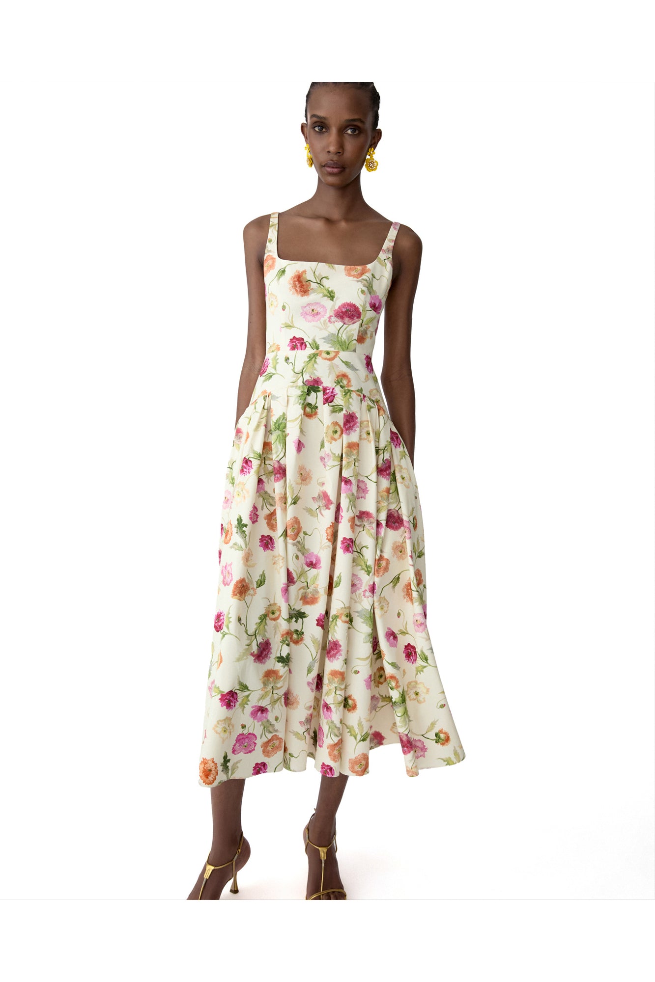 Sleeveless Scoop Neck Drop Waist Midi Dress | Almond Multi