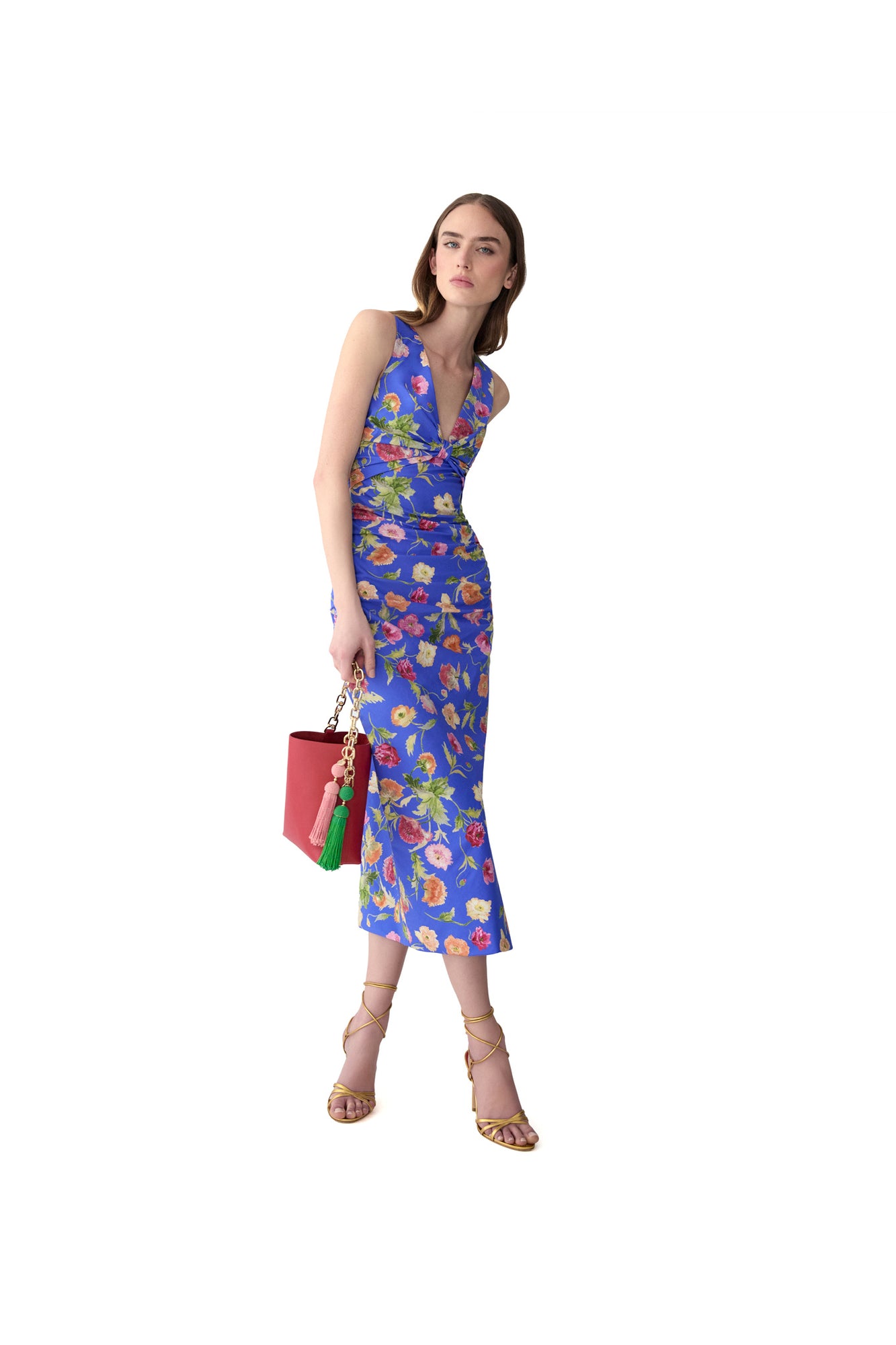 Sleeveless Gathered V-Neck Midi Dress | Bluebell Multi