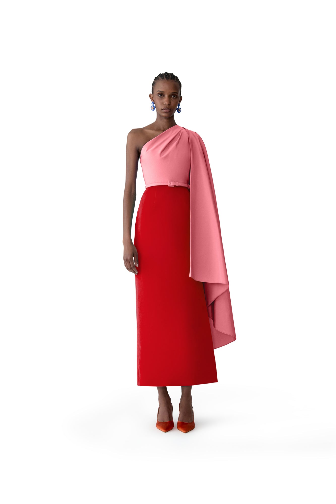 Midi Dress With Detachable Shoulder Drape & Belt | Herrera Red Mul