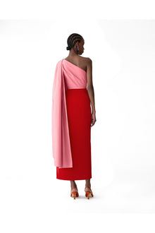 Midi Dress With Detachable Shoulder Drape & Belt | Herrera Red Mul