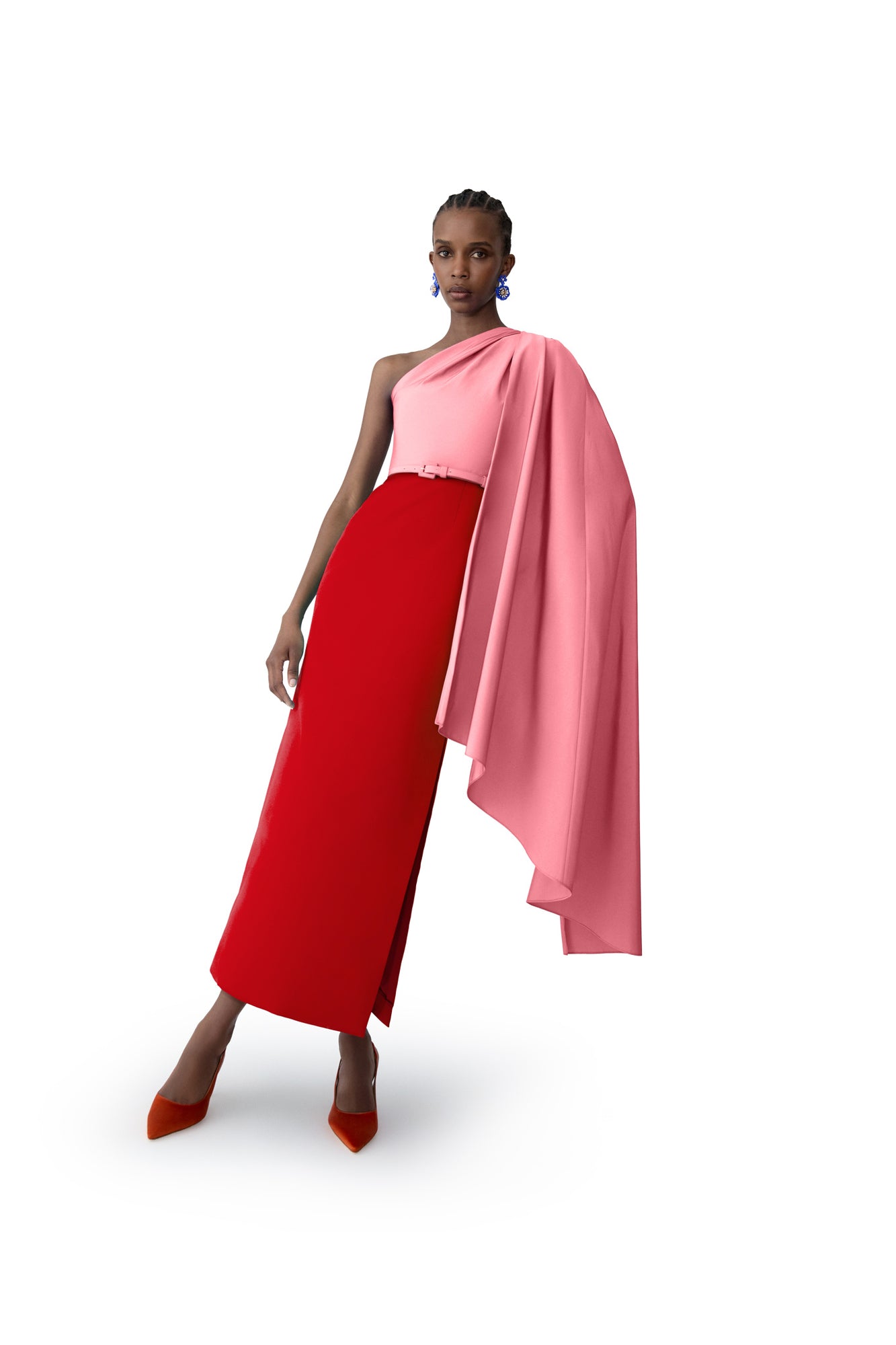 Midi Dress With Detachable Shoulder Drape & Belt | Herrera Red Mul