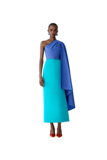 Midi Dress With Detachable Shoulder Drape & Belt | Turquoisemult