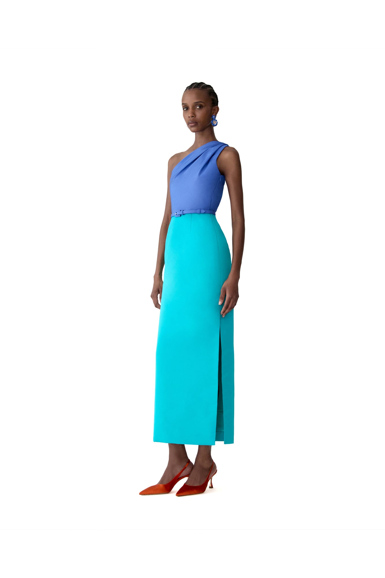 Midi Dress With Detachable Shoulder Drape & Belt | Turquoisemult