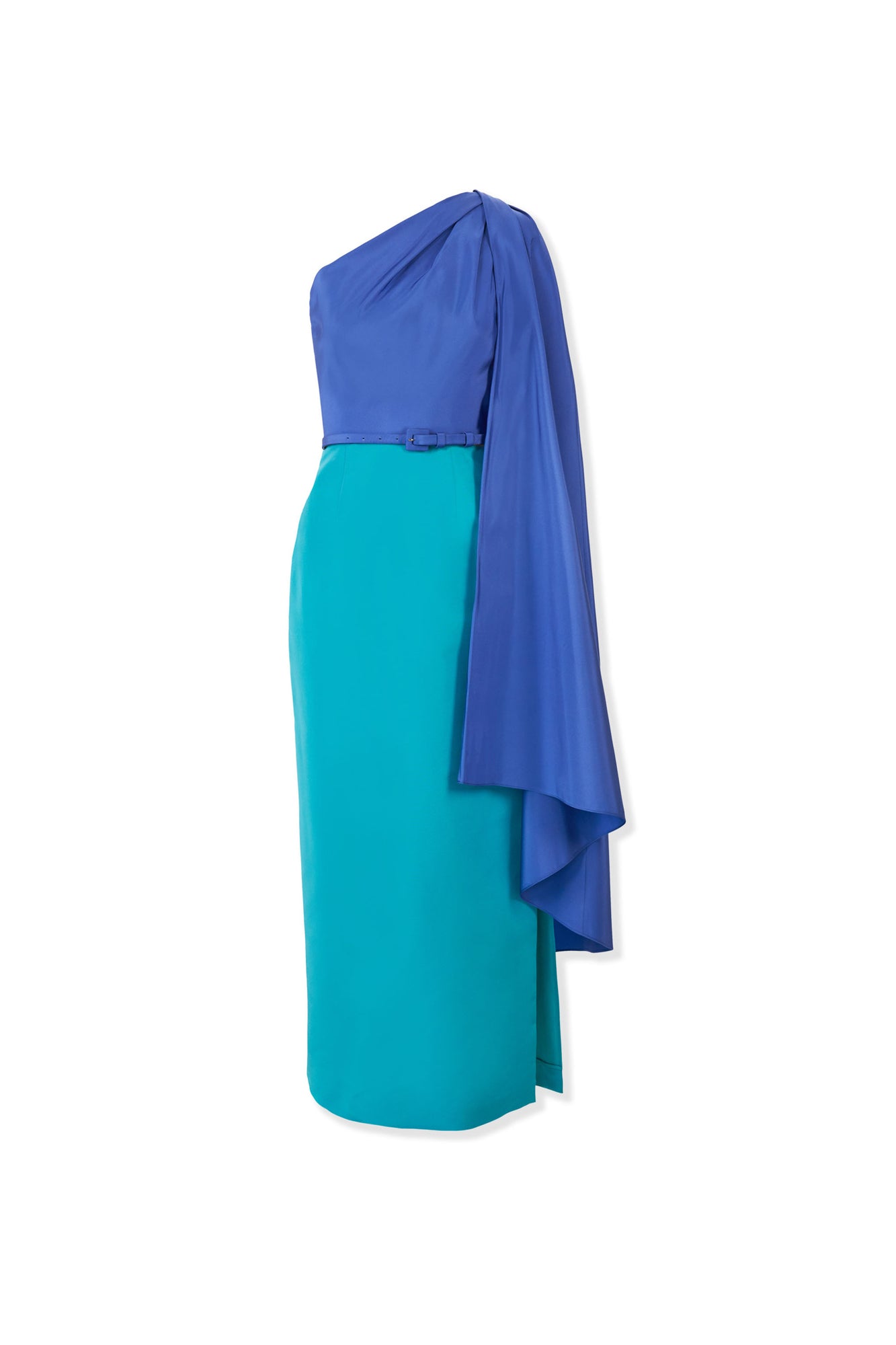 Midi Dress With Detachable Shoulder Drape & Belt | Turquoisemult