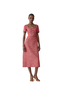 Short Sleeve Square Neck A-Line Midi Dress With Belt | Herrera Red Mul