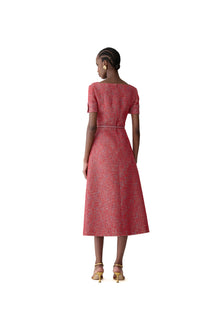 Short Sleeve Square Neck A-Line Midi Dress With Belt | Herrera Red Mul