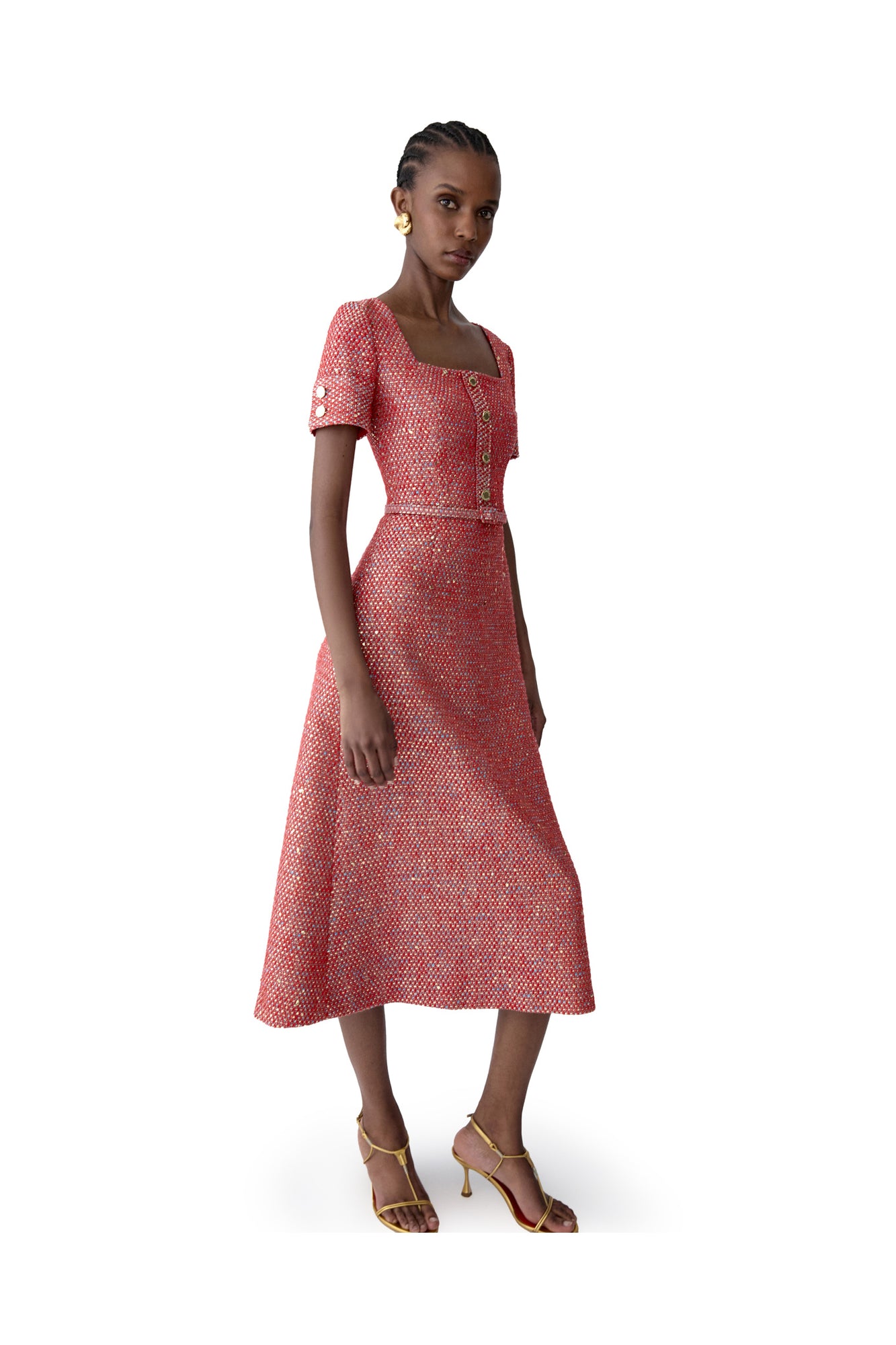 Short Sleeve Square Neck A-Line Midi Dress With Belt | Herrera Red Mul
