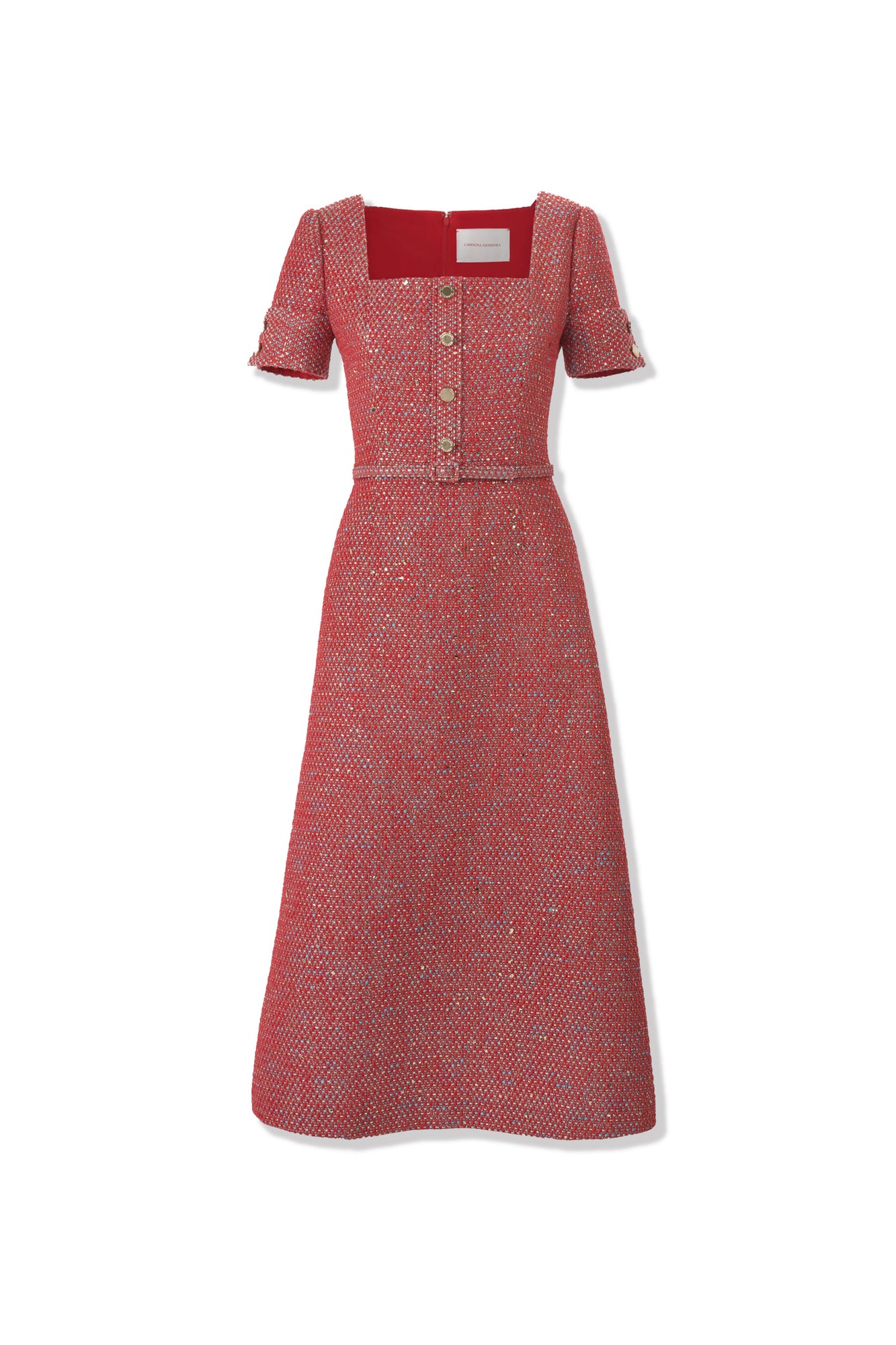 Short Sleeve Square Neck A-Line Midi Dress With Belt | Herrera Red Mul