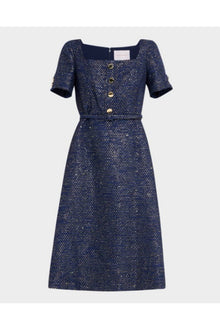Short Sleeve Square Neck A-Line Midi Dress With Belt | Midnight Multi
