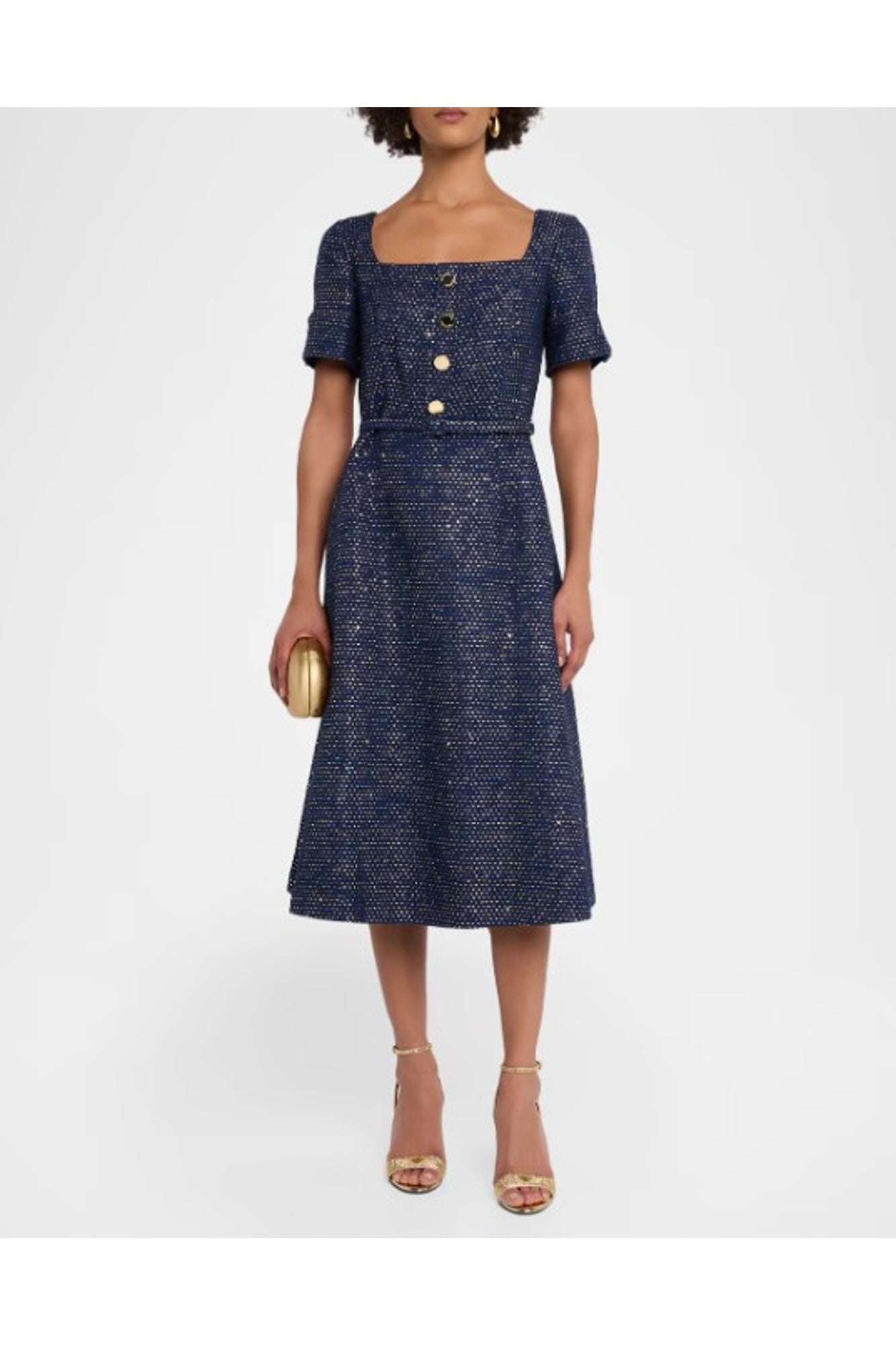 Short Sleeve Square Neck A-Line Midi Dress With Belt | Midnight Multi