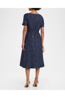 Short Sleeve Square Neck A-Line Midi Dress With Belt | Midnight Multi