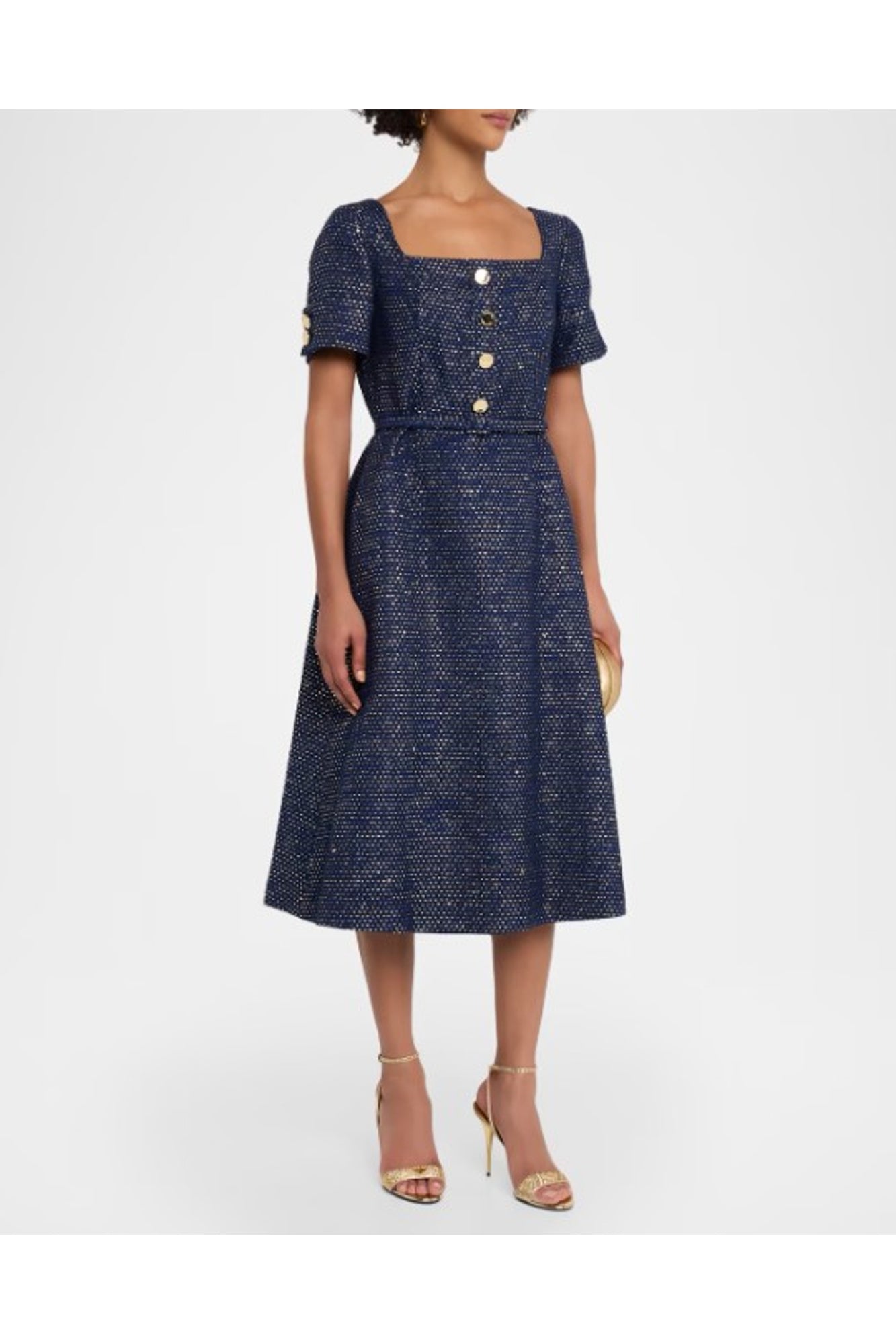 Short Sleeve Square Neck A-Line Midi Dress With Belt | Midnight Multi
