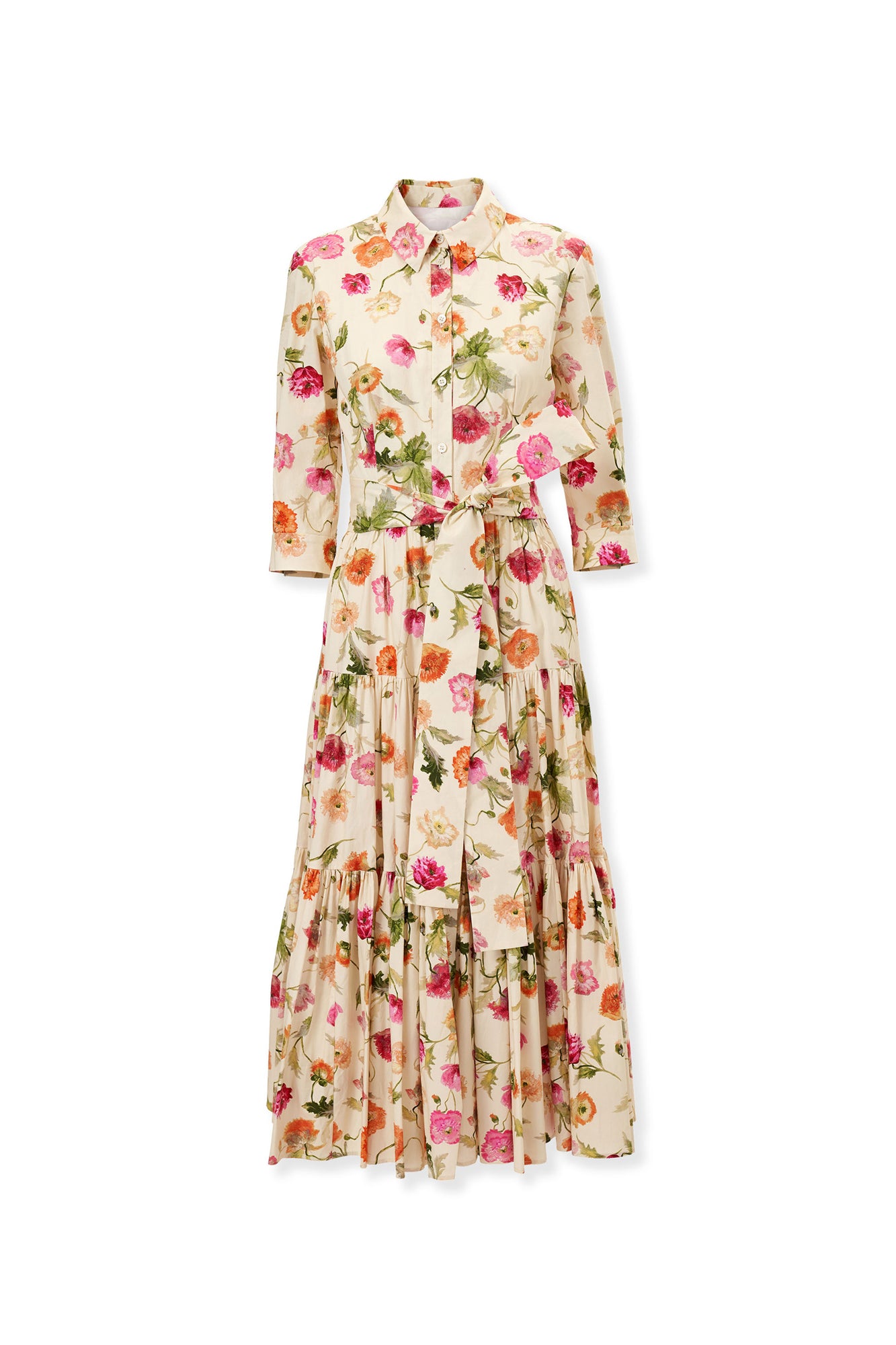 3/4 Sleeve Tiered Shirt Dress | Almond Multi
