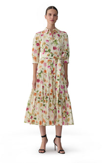 3/4 Sleeve Tiered Shirt Dress | Almond Multi