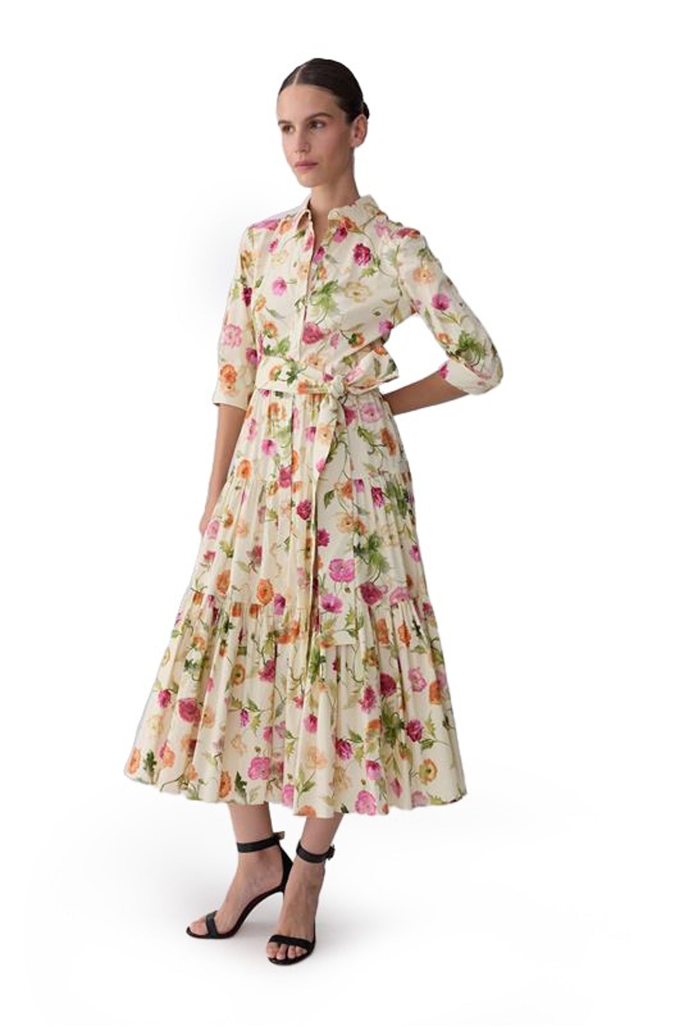 3/4 Sleeve Tiered Shirt Dress | Almond Multi