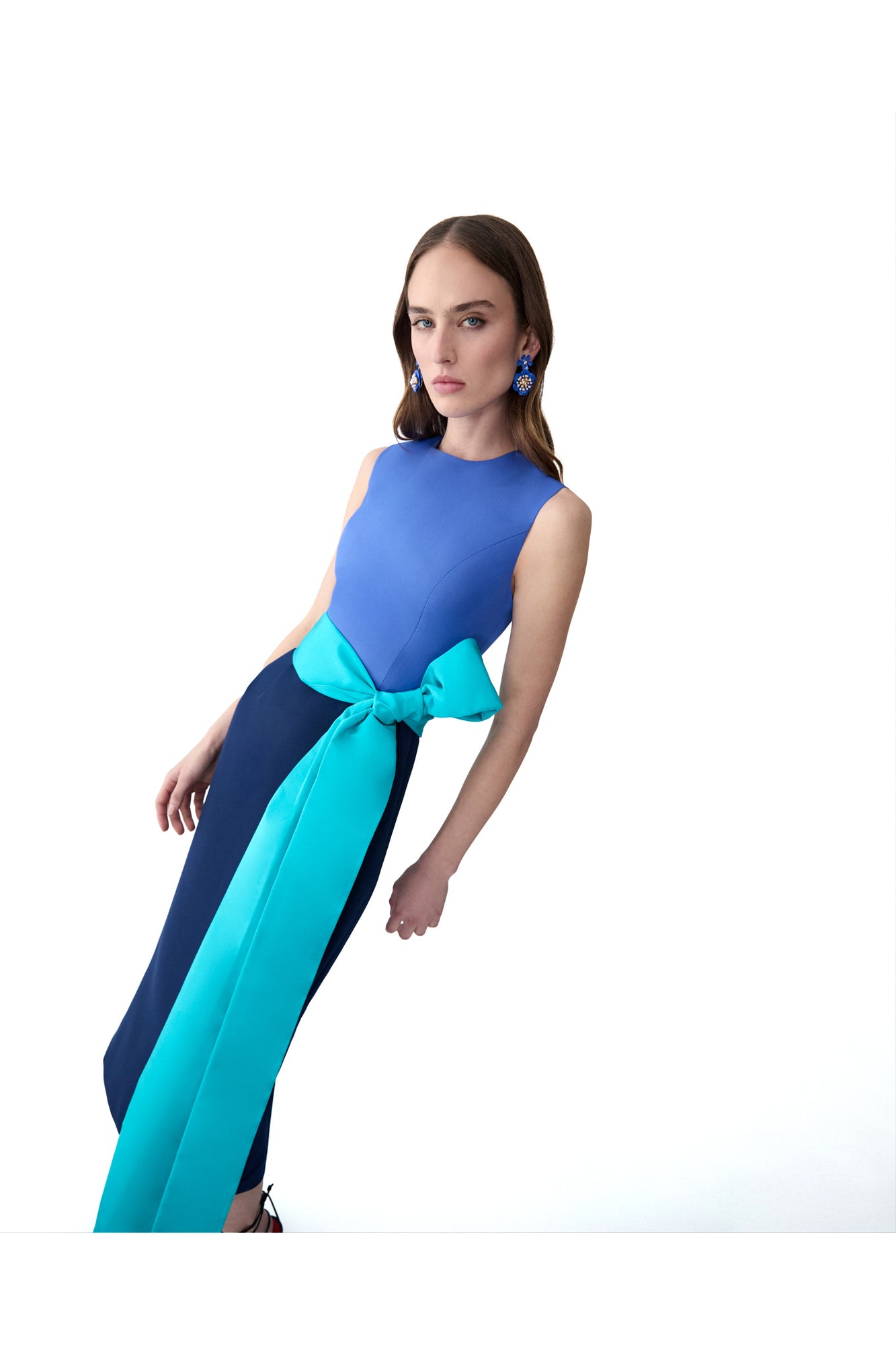 Sleeveless Crewneck Midi Dress With Sash | Midnight Multi