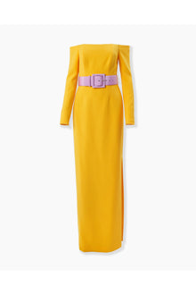 Long Sleeve Off Shoulder Column Gown With Wide Belt | Taxi Cab