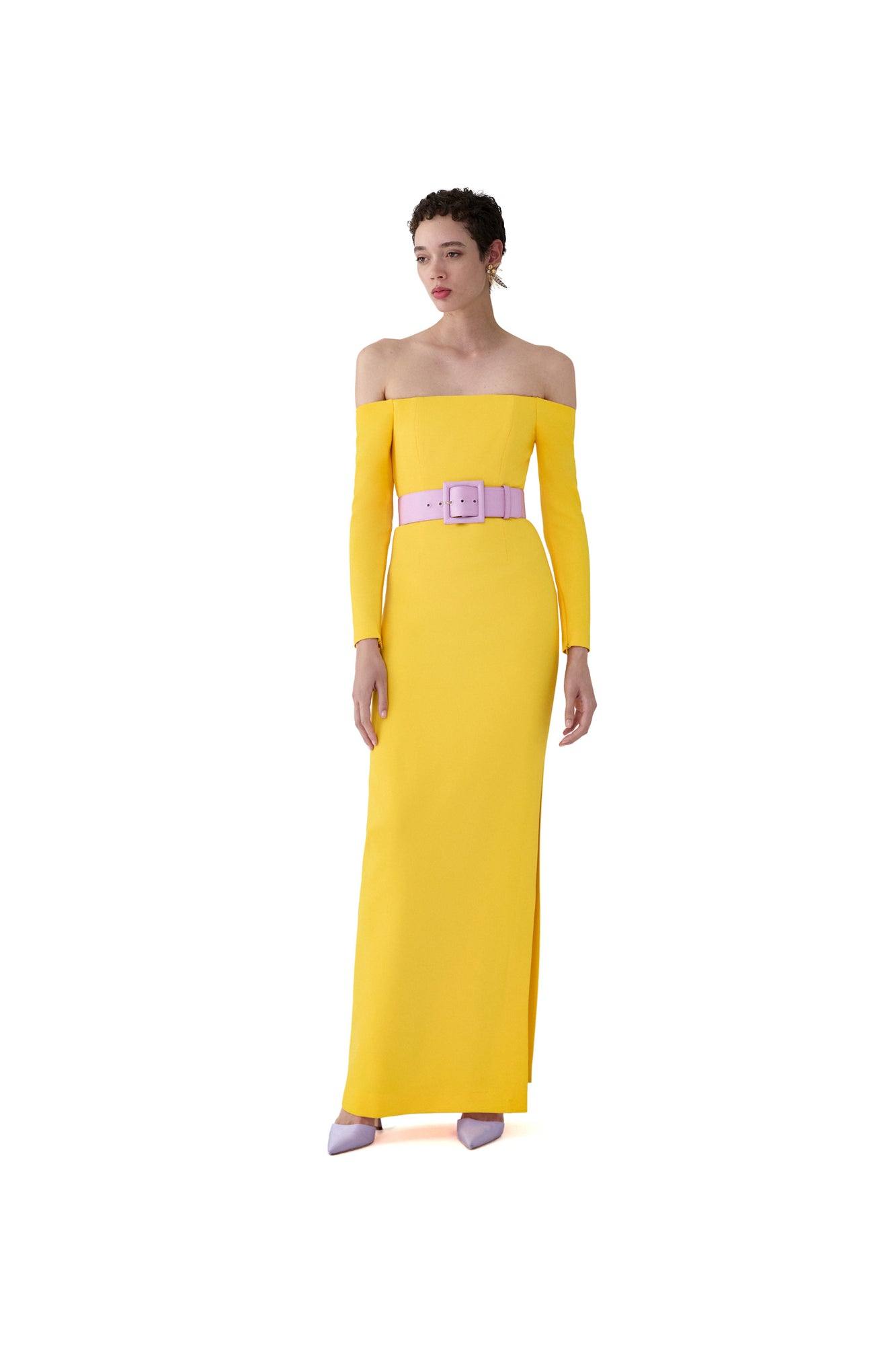 Long Sleeve Off Shoulder Column Gown With Wide Belt | Taxi Cab