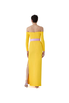 Long Sleeve Off Shoulder Column Gown With Wide Belt | Taxi Cab