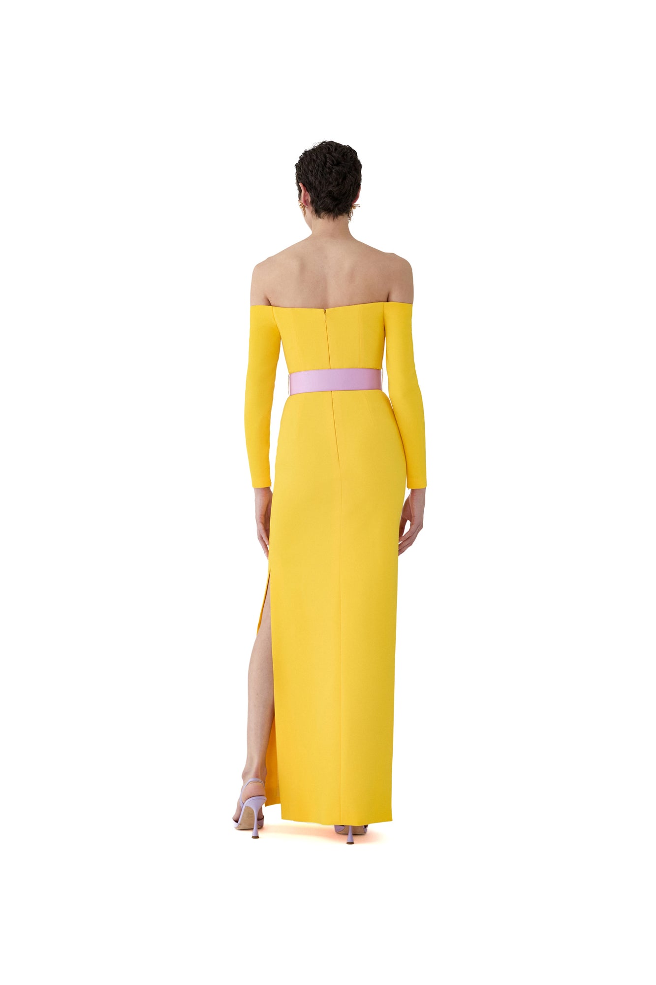 Long Sleeve Off Shoulder Column Gown With Wide Belt | Taxi Cab