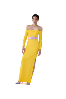 Long Sleeve Off Shoulder Column Gown With Wide Belt | Taxi Cab