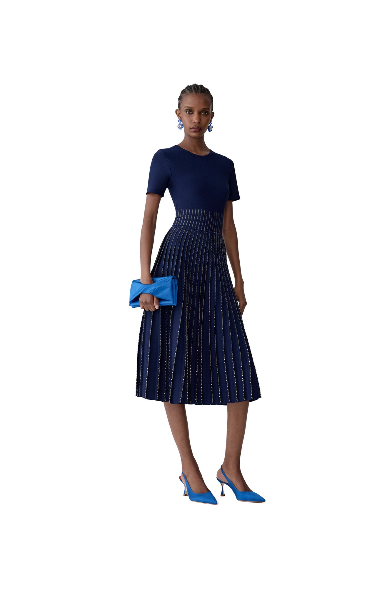 Embroidered Short Sleeve Crewneck Flare Dress | Midnight
