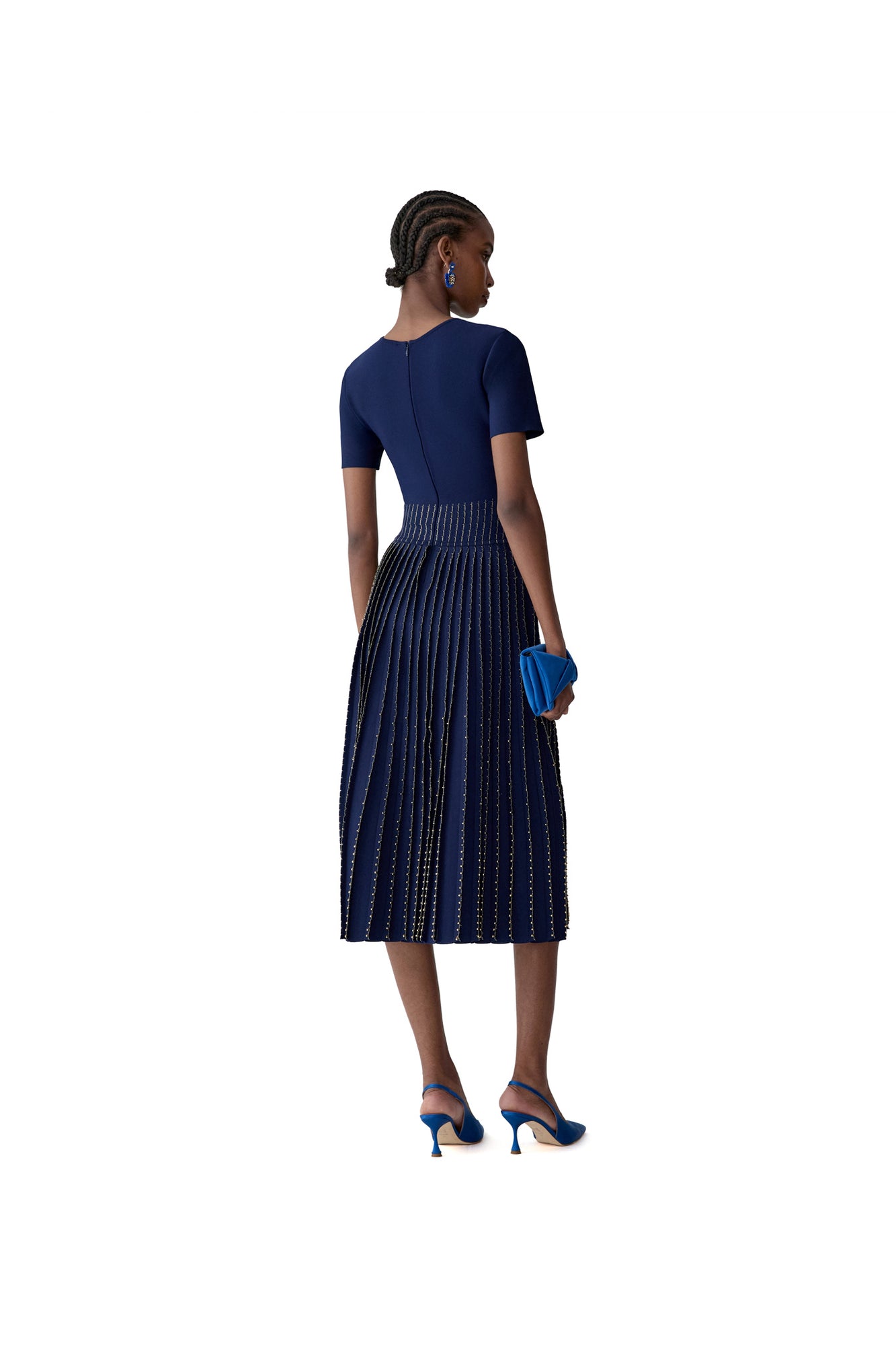Embroidered Short Sleeve Crewneck Flare Dress | Midnight