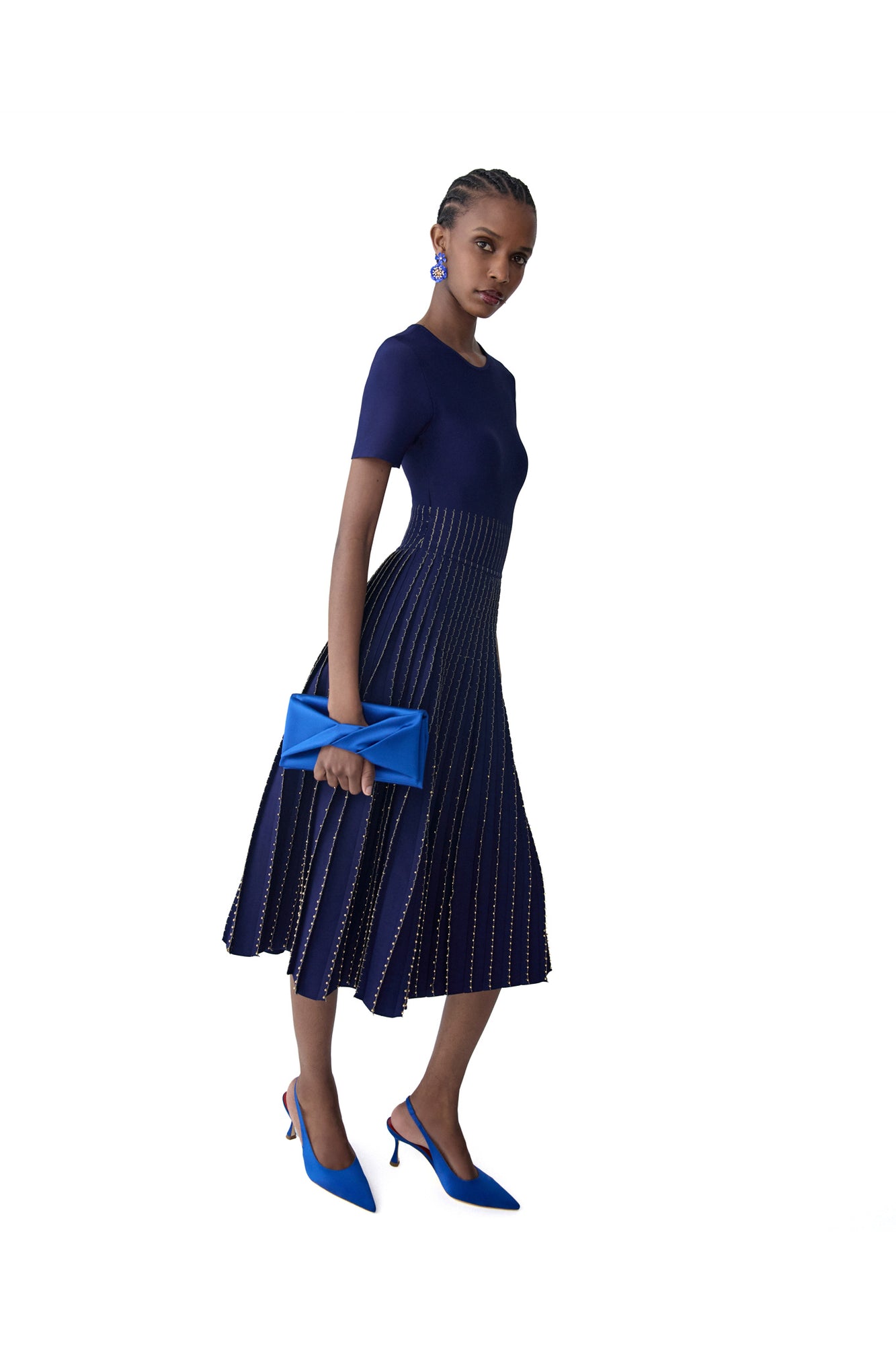 Embroidered Short Sleeve Crewneck Flare Dress | Midnight