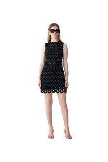 Embroidered Sleeveless Crewneck Shift Dress | Black