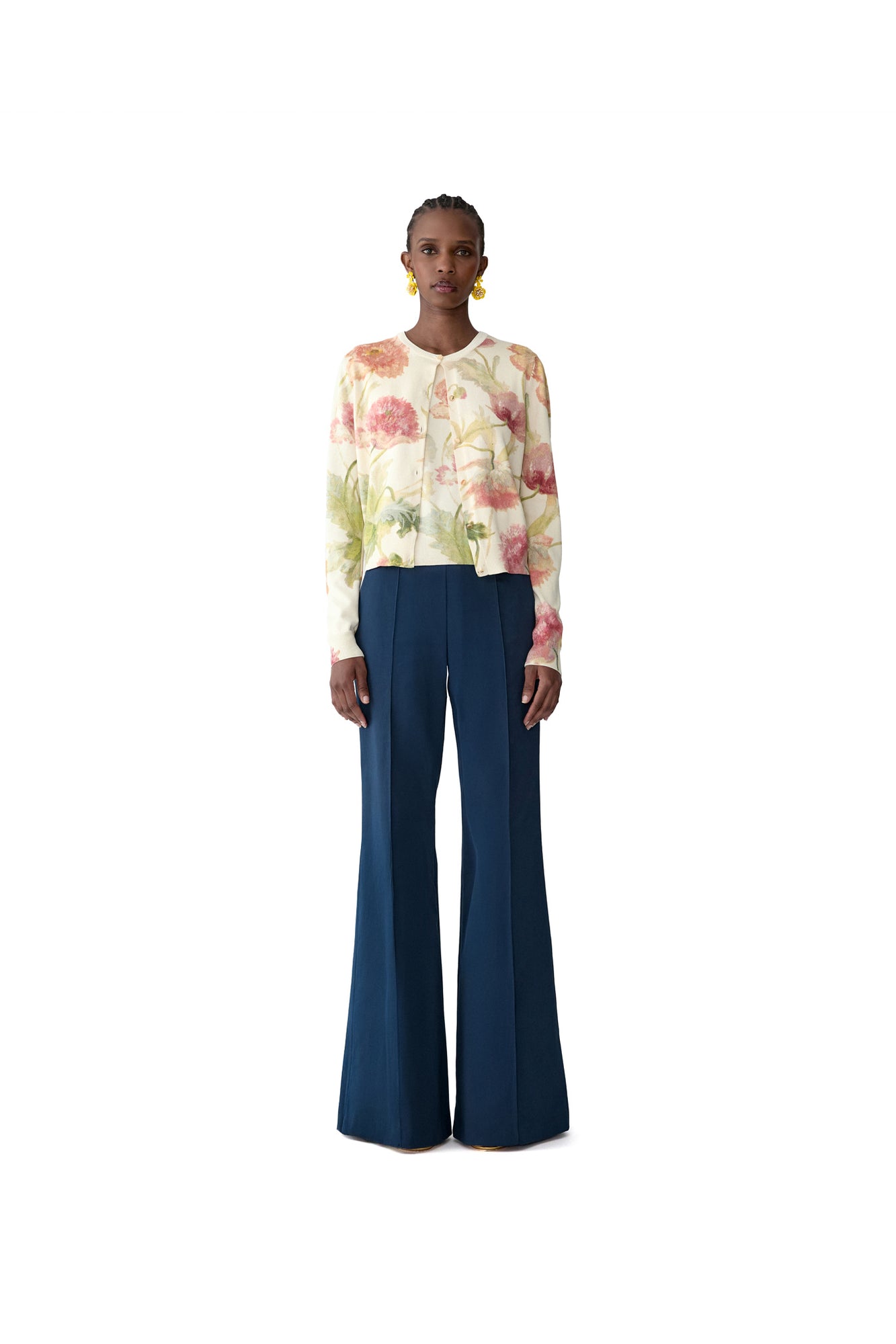 Long Sleeve Crewneck Printed Cardigan | Almond Multi