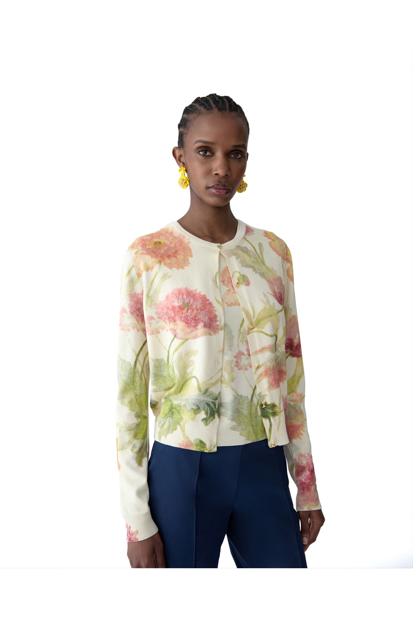 Long Sleeve Crewneck Printed Cardigan | Almond Multi