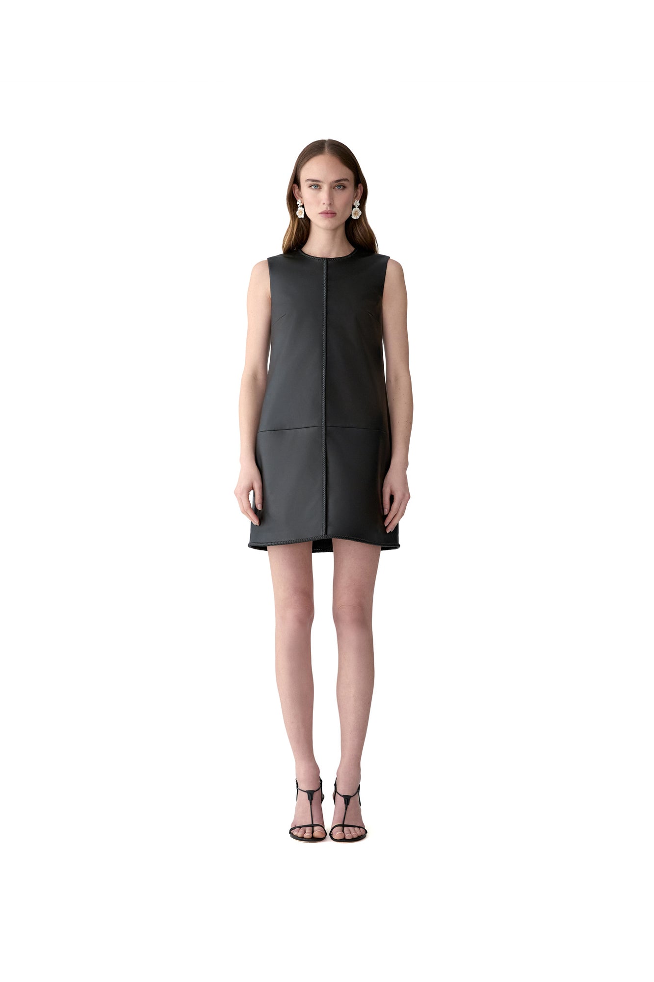 Sleeveless Crewneck Leather Mini Dress | Black