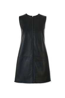Sleeveless Crewneck Leather Mini Dress | Black