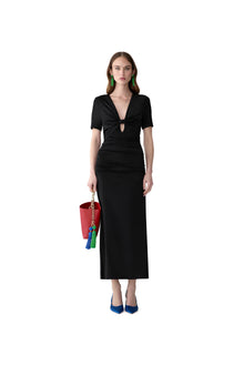 Elbow Sleeve Ruched V-Neck Midi Dress | Black