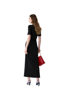 Elbow Sleeve Ruched V-Neck Midi Dress | Black