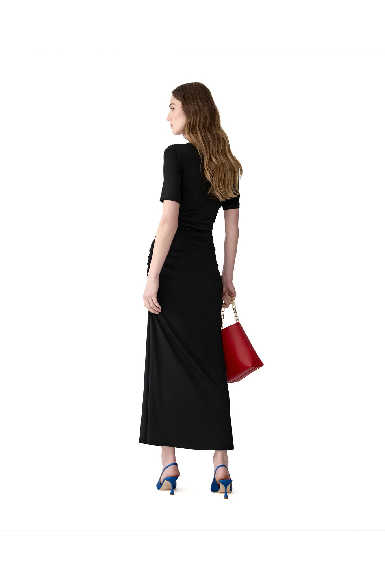 Elbow Sleeve Ruched V-Neck Midi Dress | Black