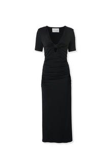 Elbow Sleeve Ruched V-Neck Midi Dress | Black