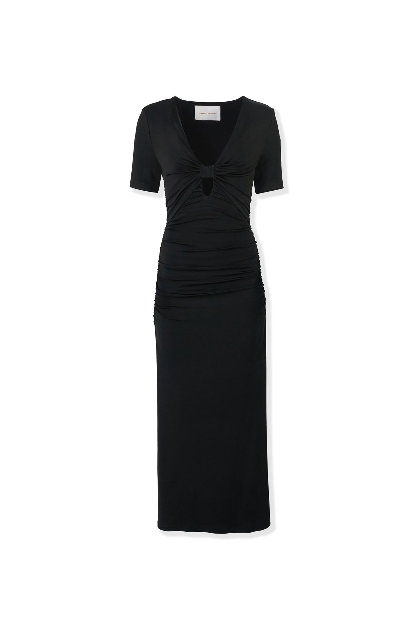 Elbow Sleeve Ruched V-Neck Midi Dress | Black