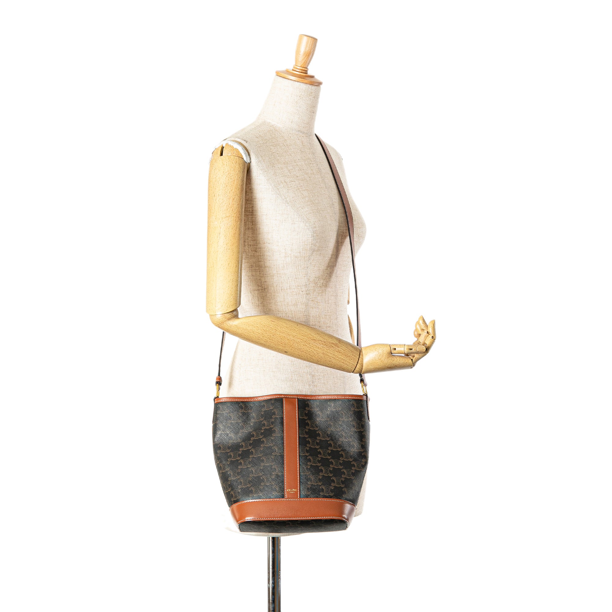 Celine | Pre-Owned Small Triomphe Coated Canvas Bucket Bag | Brown/Dark Brown