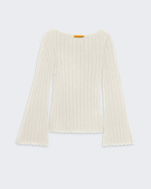Rib Flare Top - Cream delicate fine-weight ribbed cashmere with flared sleeves and boatneck neckline.