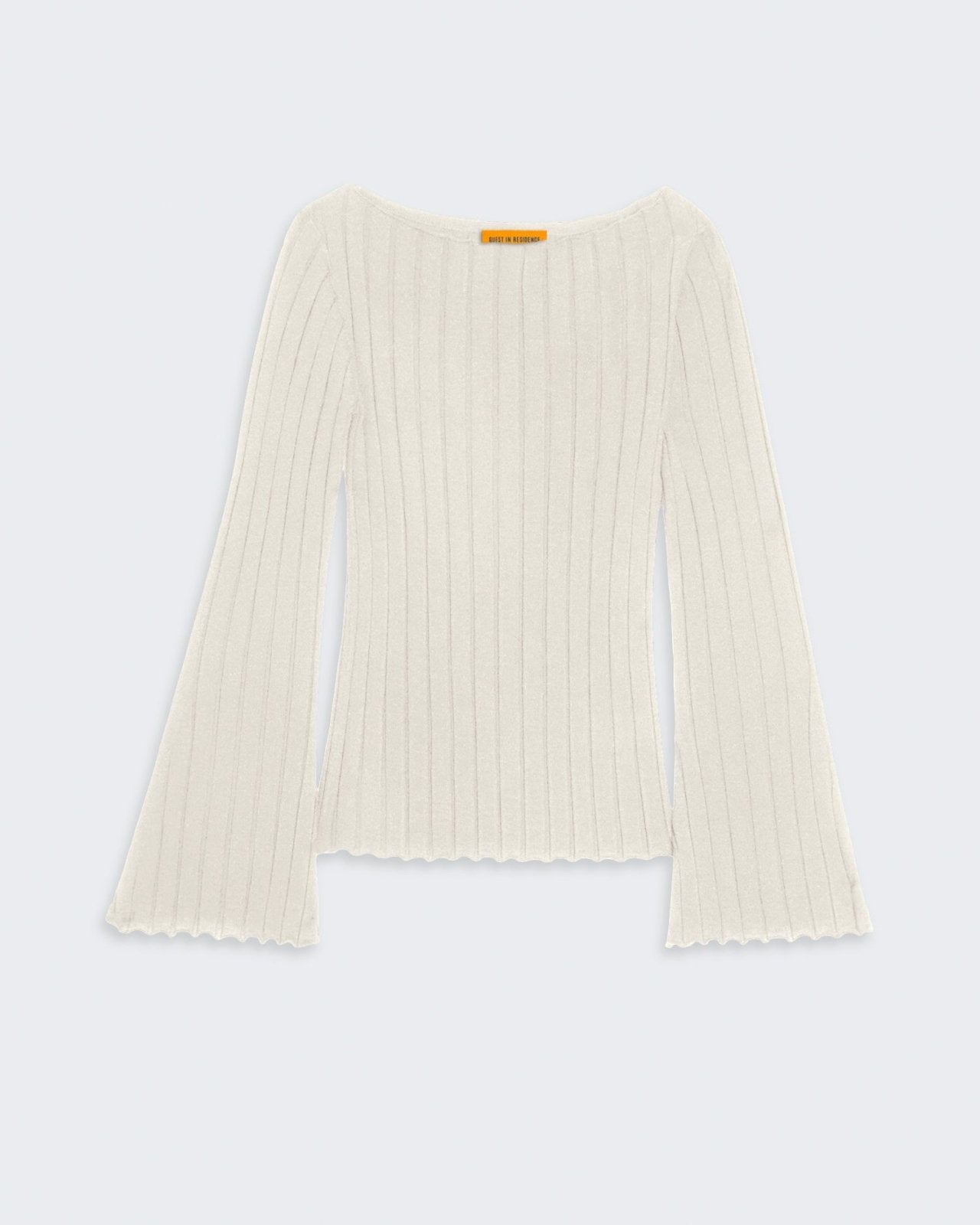 Rib Flare Top - Cream delicate fine-weight ribbed cashmere with flared sleeves and boatneck neckline.
