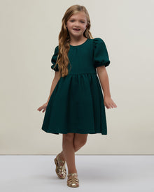 Jaquard Girl's Puff Sleeve Dress | Dark Emerald