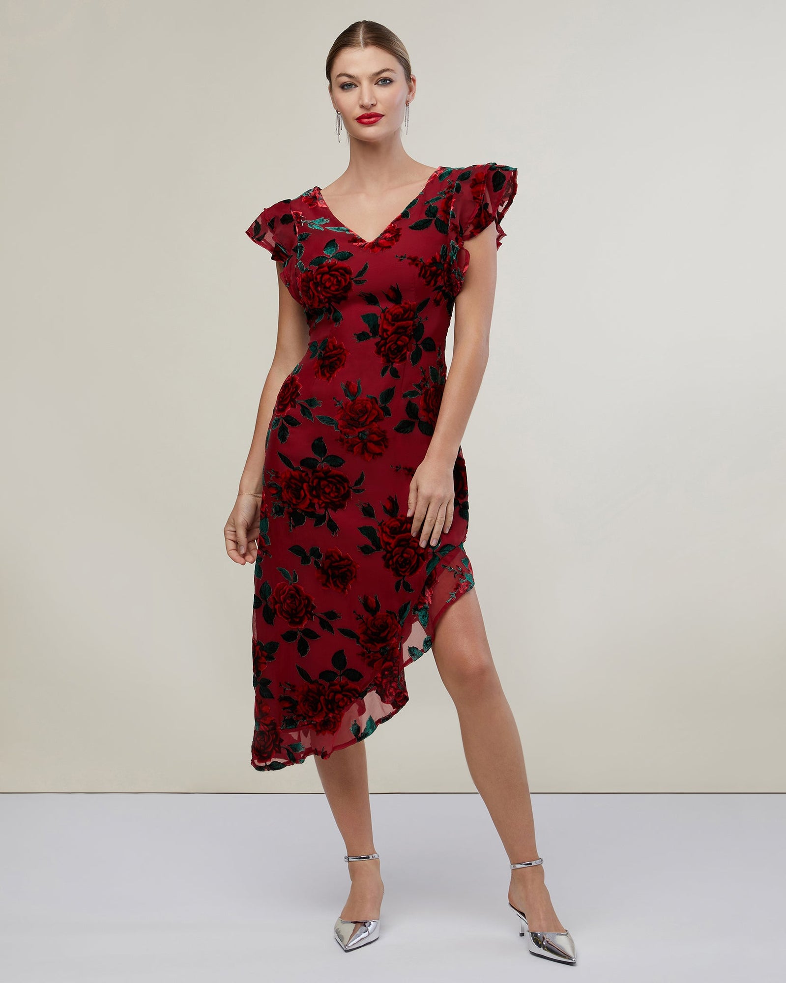 Ruffle Asymmetrical High Low Midi Dress | Burnout Rose Deep Red