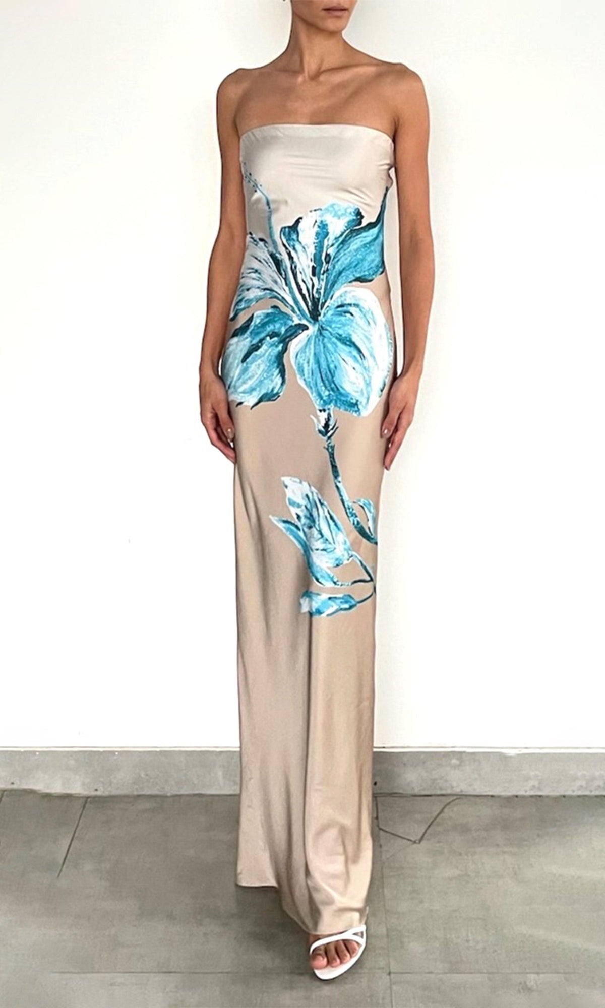 Womens | Bleu Polyester Satin Lycra Strapless Maxi Dress | Beige Blue