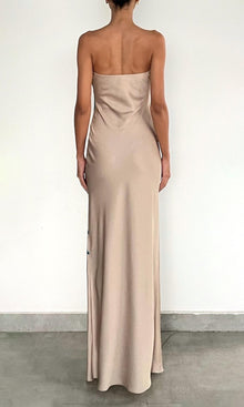 Womens | Bleu Polyester Satin Lycra Strapless Maxi Dress | Beige Blue