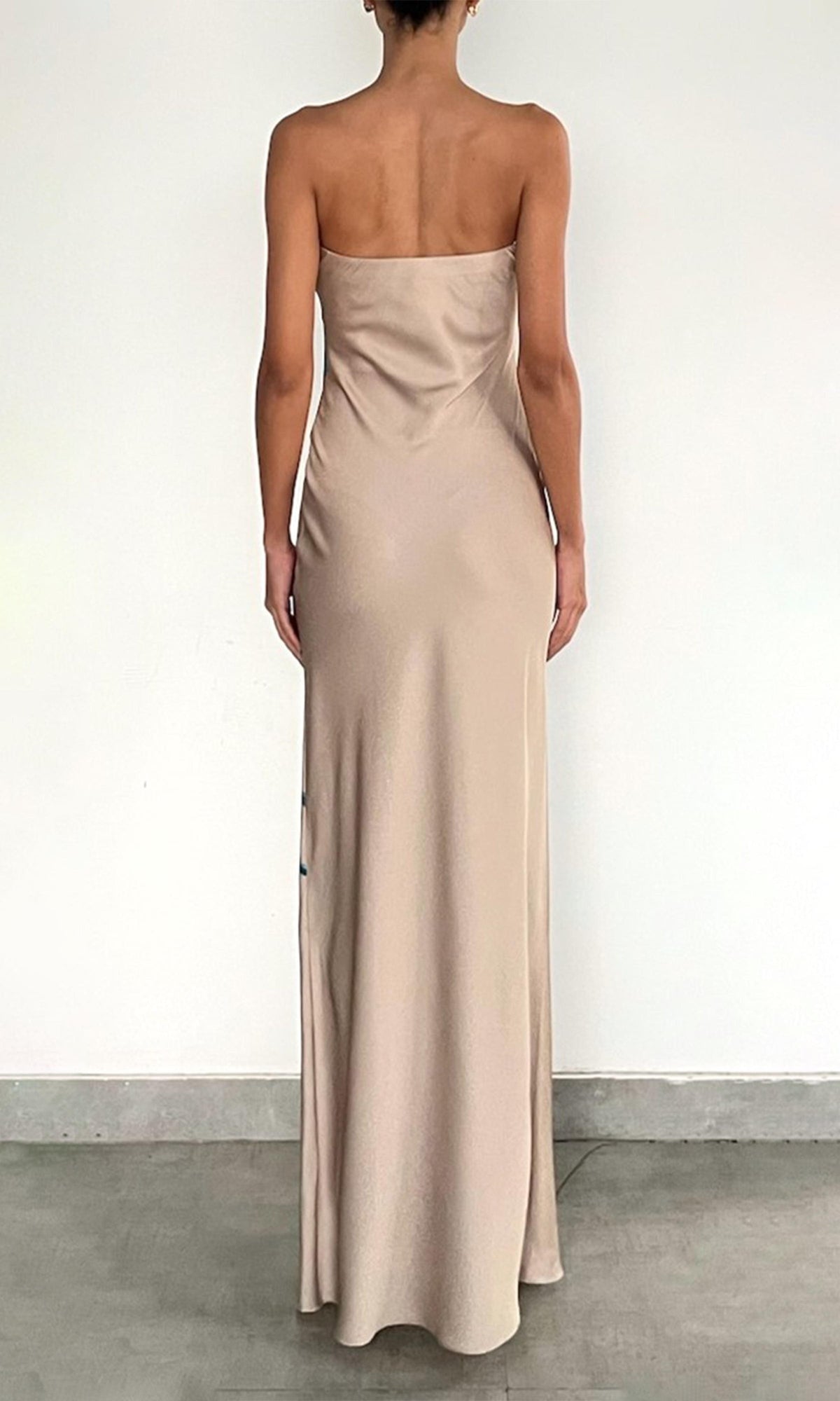 Womens | Bleu Polyester Satin Lycra Strapless Maxi Dress | Beige Blue