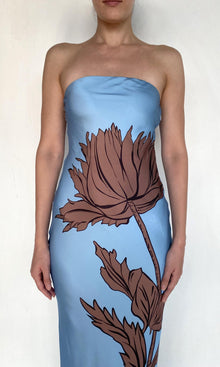 Rococo Sand | Cady Viscose Satin Strapless Maxi Dress | Blue